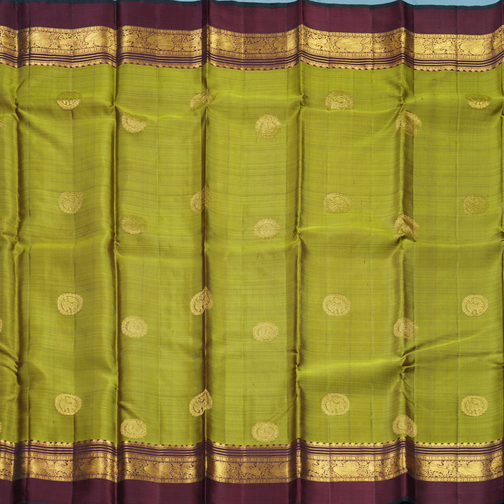 Hayagrivas Handloom Olive Green Kanjivaram Silk Saree with Wine Maroon Border KBF604G17-1