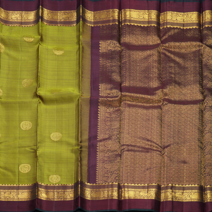 Hayagrivas Handloom Olive Green Kanjivaram Silk Saree with Wine Maroon Border KBF604G17-1