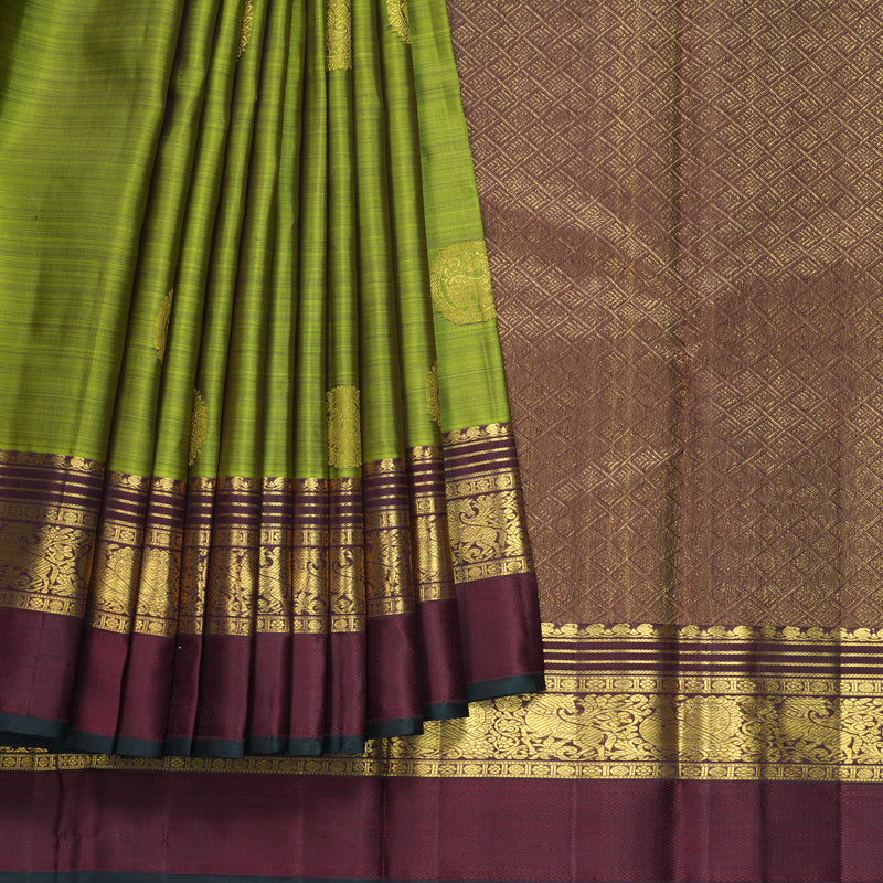 Hayagrivas Handloom Olive Green Kanjivaram Silk Saree with Wine Maroon Border KBF604G17-1