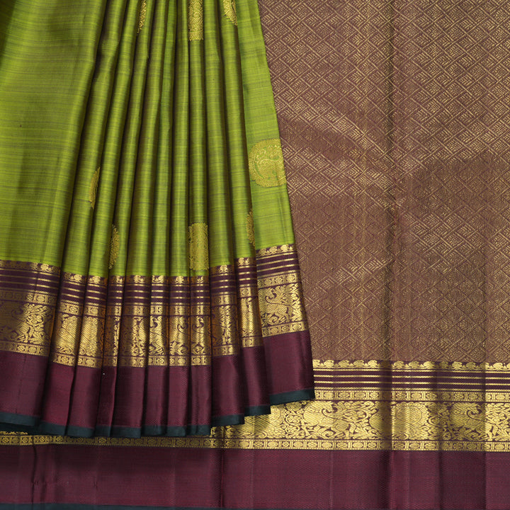 Hayagrivas Handloom Olive Green Kanjivaram Silk Saree with Wine Maroon Border KBF604G17-1