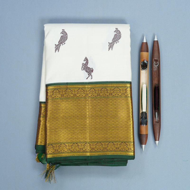 Hayagrivas Handloom Half-White Kanjivaram Silk Saree with Nagapazham Border KBF604G6-1
