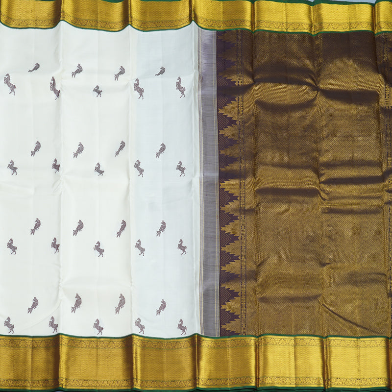 Hayagrivas Handloom Half-White Kanjivaram Silk Saree with Nagapazham Border KBF604G6-1