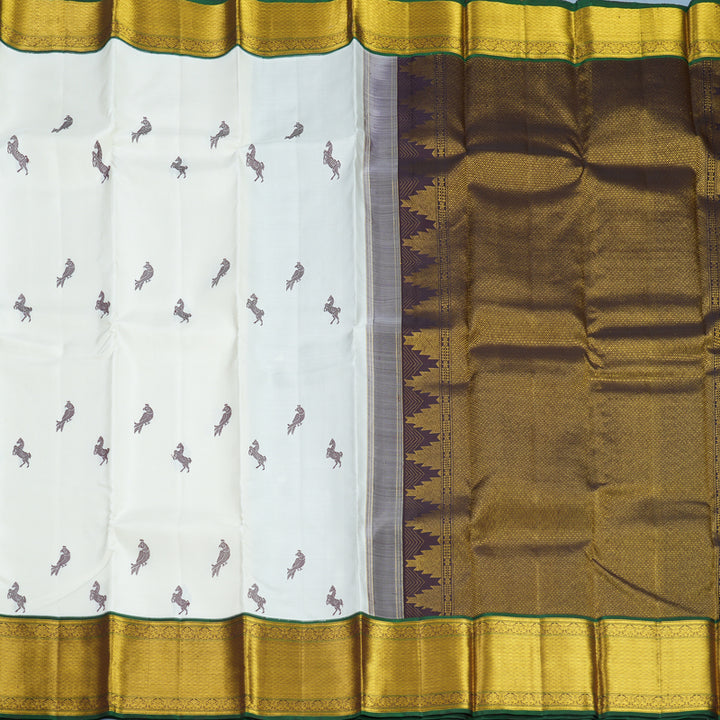 Hayagrivas Handloom Half-White Kanjivaram Silk Saree with Nagapazham Border KBF604G6-1