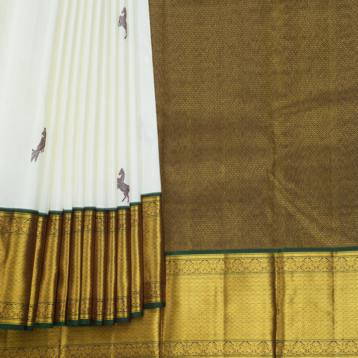Hayagrivas Handloom Half-White Kanjivaram Silk Saree with Nagapazham Border KBF604G6-1