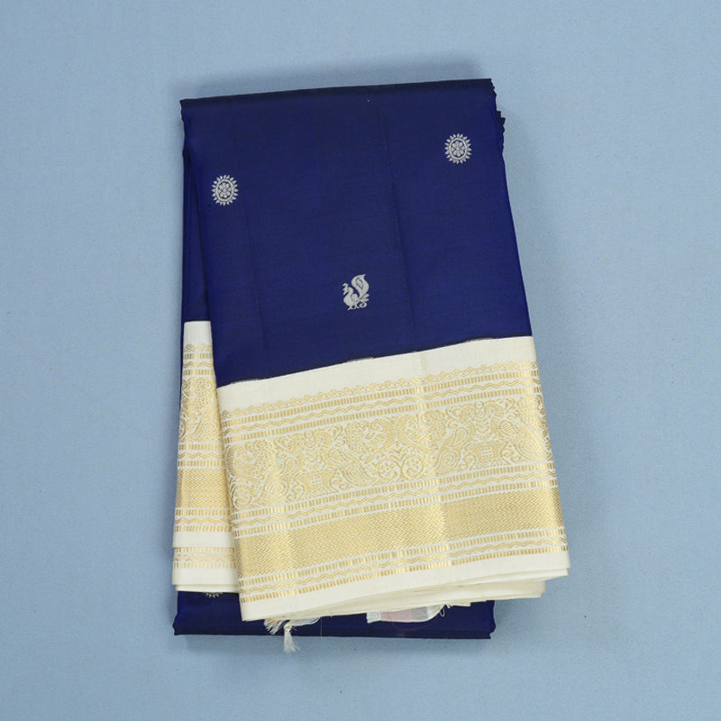 Hayagrivas Handloom MS Blue Kanjivaram Silk Saree with Half-White Border KBF604G8-3