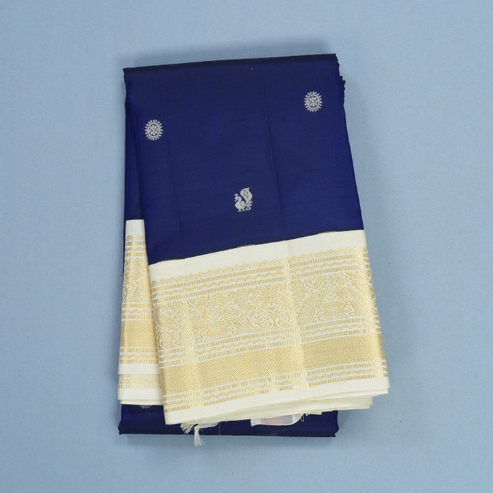 Hayagrivas Handloom MS Blue Kanjivaram Silk Saree with Half-White Border KBF604G8-3