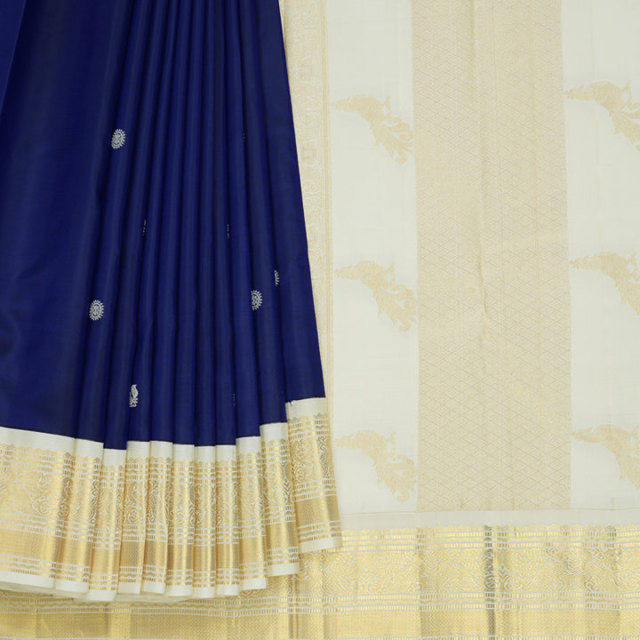 Hayagrivas Handloom MS Blue Kanjivaram Silk Saree with Half-White Border KBF604G8-3