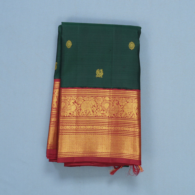 Hayagrivas Handloom Bottle Green Kanjivaram Silk Saree with Maroon Border KBF605G1-3