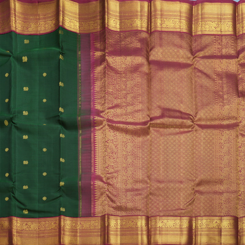 Hayagrivas Handloom Bottle Green Kanjivaram Silk Saree with Maroon Border KBF605G1-3