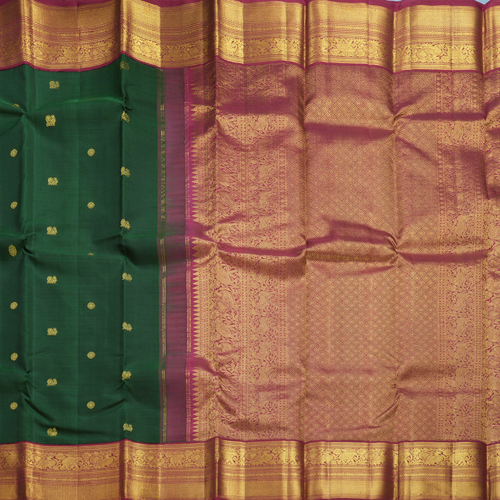Hayagrivas Handloom Bottle Green Kanjivaram Silk Saree with Maroon Border KBF605G1-3