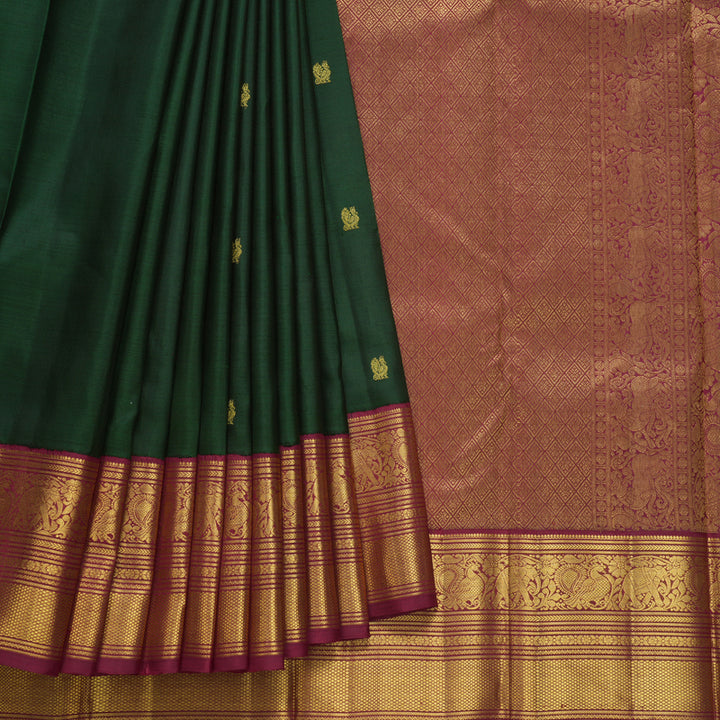 Hayagrivas Handloom Bottle Green Kanjivaram Silk Saree with Maroon Border KBF605G1-3