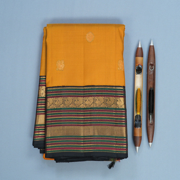 Hayagrivas Handloom Mustard Yellow Kanjivaram Silk Saree with Black Border KBF605G1-4