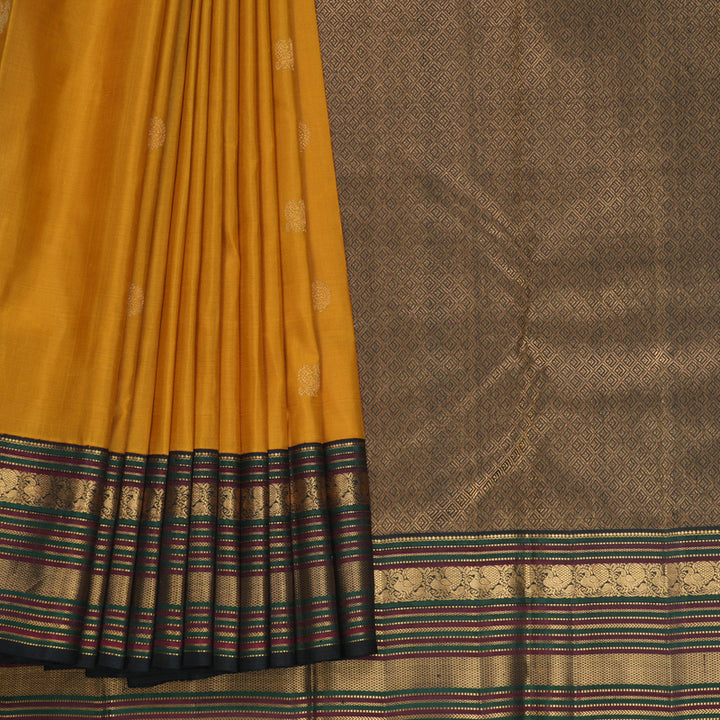 Hayagrivas Handloom Mustard Yellow Kanjivaram Silk Saree with Black Border KBF605G1-4