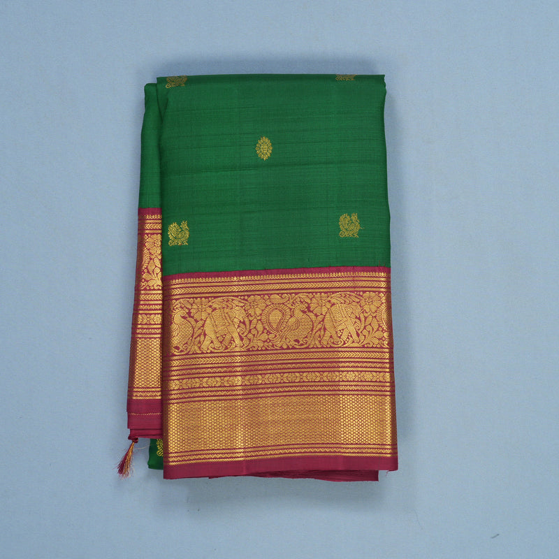 Hayagrivas Handloom Bottle Green Kanjivaram Silk Saree with Maroon Border KBF605G1-5