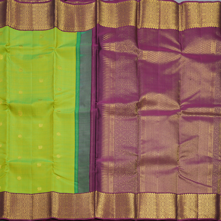 Hayagrivas Handloom Fluorescent Green Kanjivaram Silk Saree with Purple Border KBF605G1-6