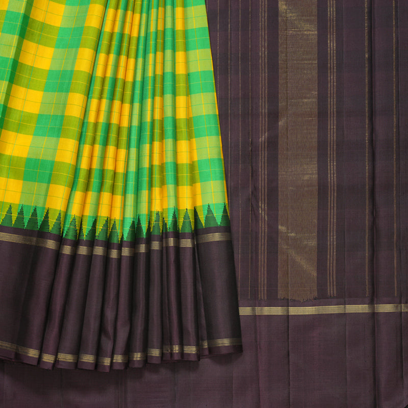 Hayagrivas Handloom Green & Yellow Checks Kanjivaram Silk Saree KBF605G2-2