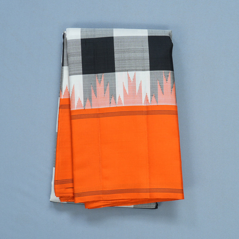 Hayagrivas Handloom Black &amp; White Checks Kanjivaram Silk Saree with Orange Border KBF605G2-3