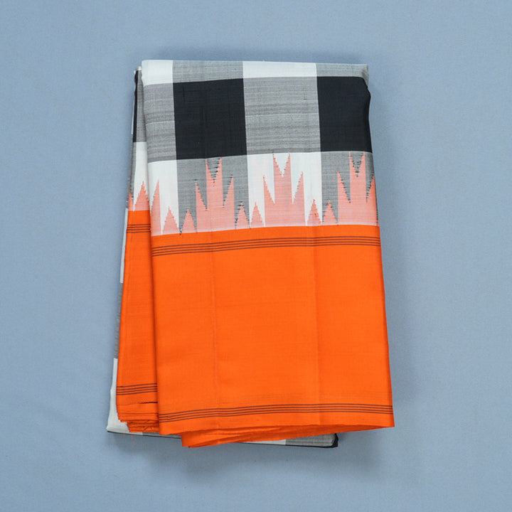 Hayagrivas Handloom Black &amp; White Checks Kanjivaram Silk Saree with Orange Border KBF605G2-3