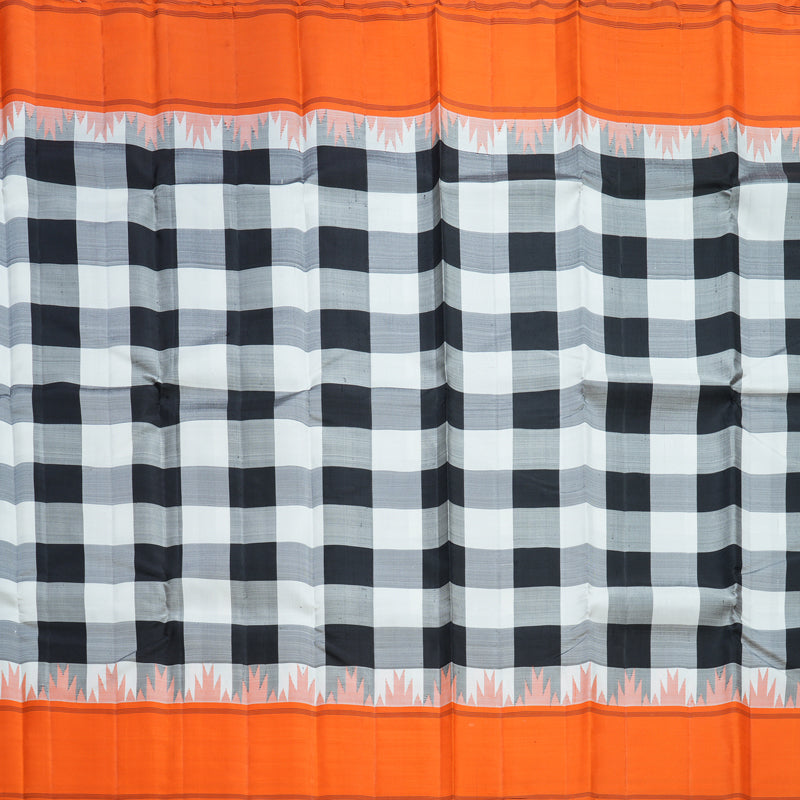 Hayagrivas Handloom Black &amp; White Checks Kanjivaram Silk Saree with Orange Border KBF605G2-3