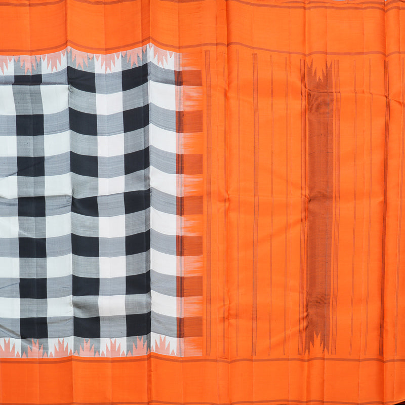 Hayagrivas Handloom Black &amp; White Checks Kanjivaram Silk Saree with Orange Border KBF605G2-3