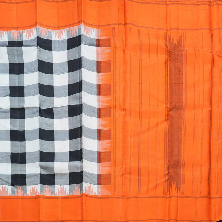 Hayagrivas Handloom Black &amp; White Checks Kanjivaram Silk Saree with Orange Border KBF605G2-3