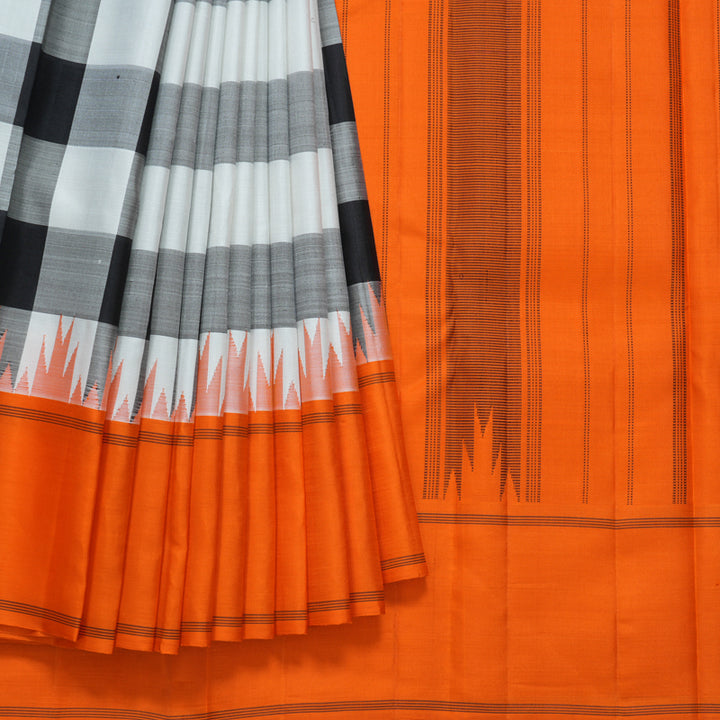 Hayagrivas Handloom Black &amp; White Checks Kanjivaram Silk Saree with Orange Border KBF605G2-3