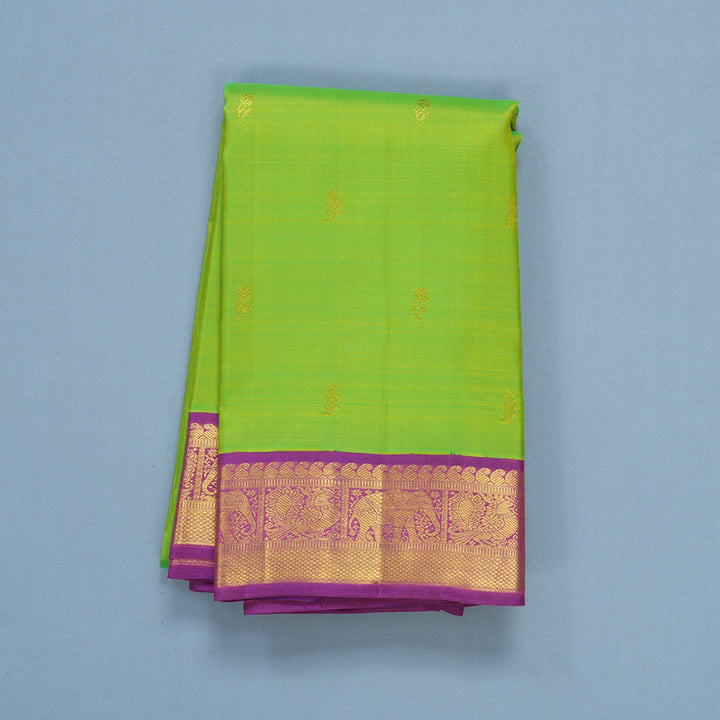 Hayagrivas Handloom Fluorescent Green Kanjivaram Silk Saree with Purple Border KBF605G3-1