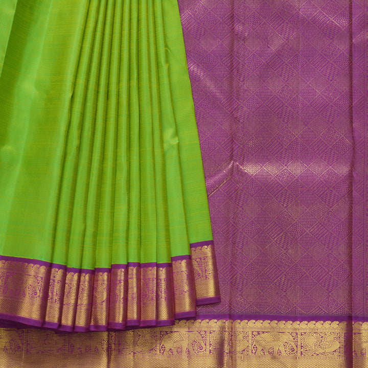 Hayagrivas Handloom Fluorescent Green Kanjivaram Silk Saree with Purple Border KBF605G3-1