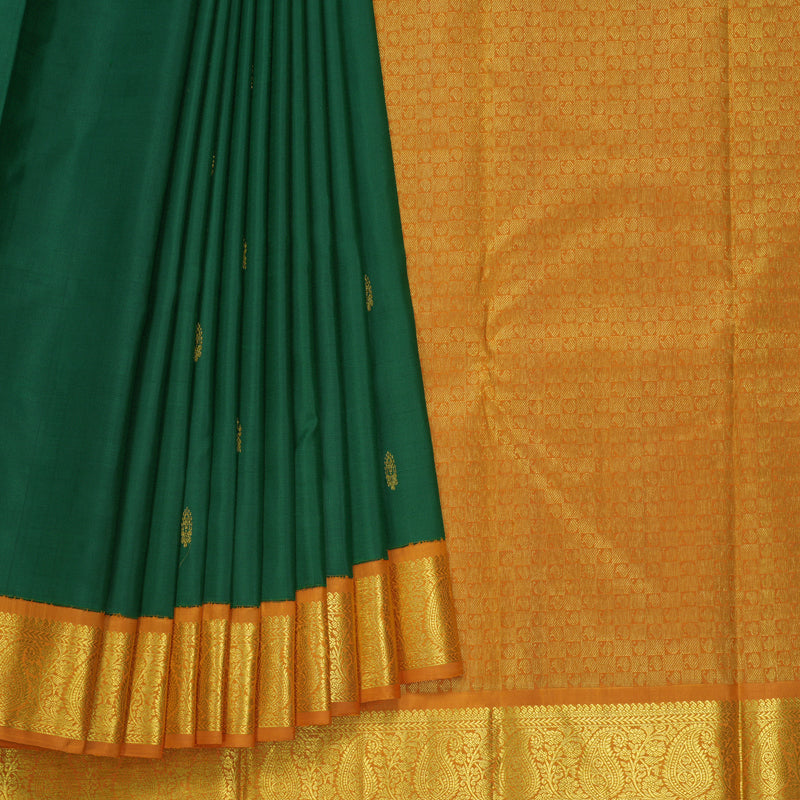 Hayagrivas Handloom Bottle Green Kanjivaram Silk Saree with Turmeric Yellow Border KBF605G3-3