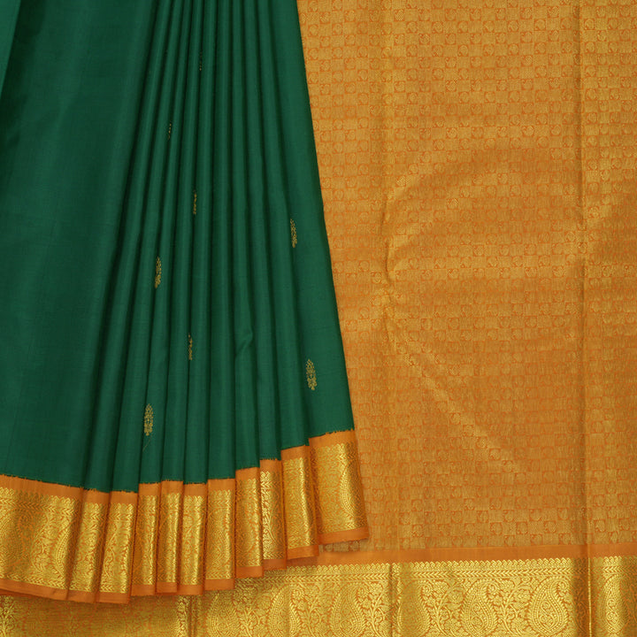 Hayagrivas Handloom Bottle Green Kanjivaram Silk Saree with Turmeric Yellow Border KBF605G3-3