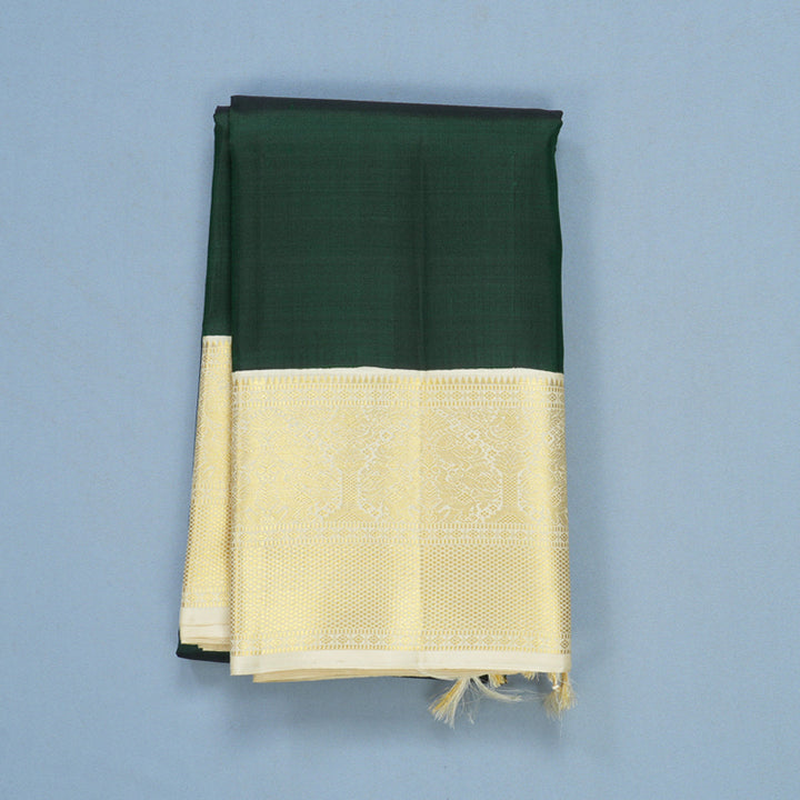 Hayagrivas Handloom Bottle Green Kanjivaram Silk Saree with Half-White Border KBF606G5-1