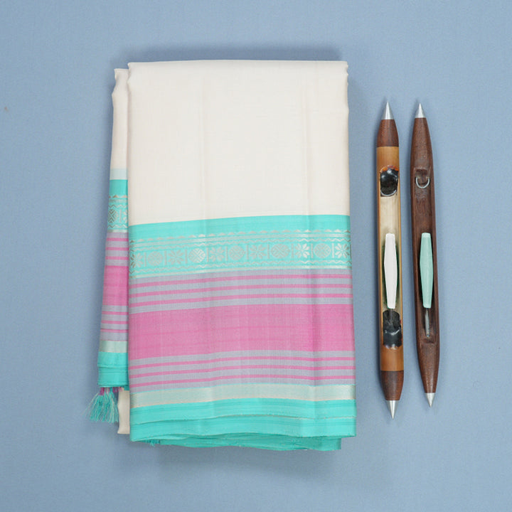 Hayagrivas Handloom Half-White Kanjivaram Silk Saree with Bright Teal Border KBF607G2-2