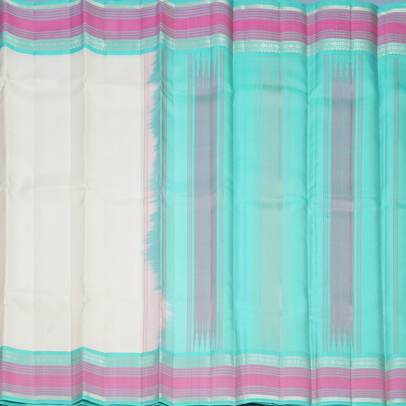 Hayagrivas Handloom Half-White Kanjivaram Silk Saree with Bright Teal Border KBF607G2-2