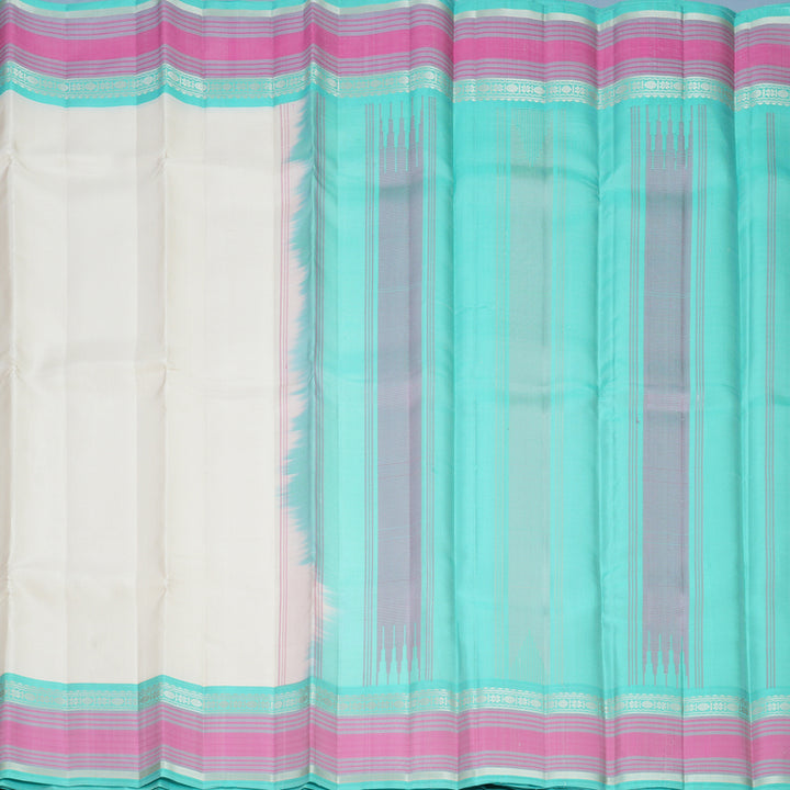 Hayagrivas Handloom Half-White Kanjivaram Silk Saree with Bright Teal Border KBF607G2-2