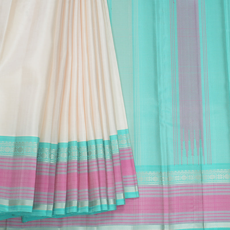 Hayagrivas Handloom Half-White Kanjivaram Silk Saree with Bright Teal Border KBF607G2-2