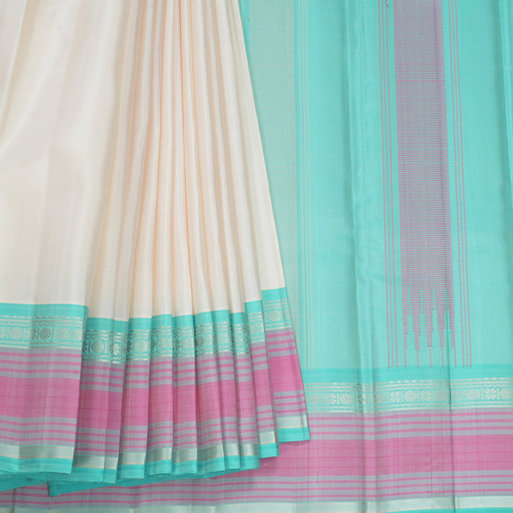 Hayagrivas Handloom Half-White Kanjivaram Silk Saree with Bright Teal Border KBF607G2-2