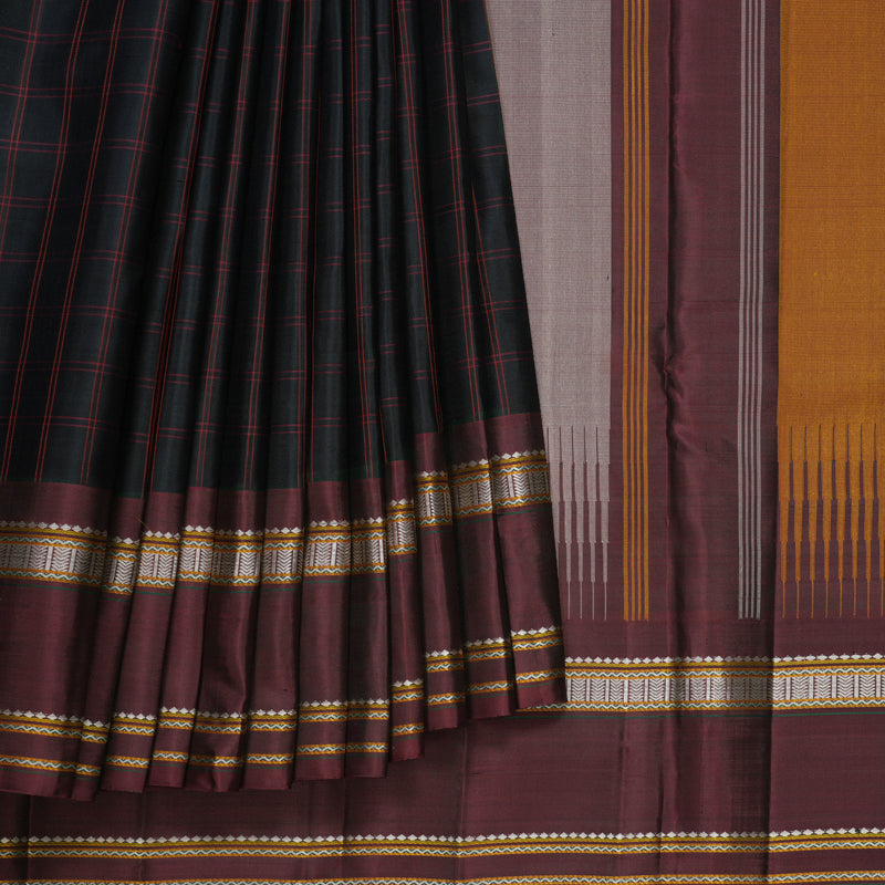 Hayagrivas Handloom Black Kanjivaram Silk Saree with Wine Maroon Border KBF607G3-1