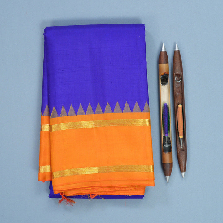 Hayagrivas Handloom Purplish-Blue Kanjivaram Silk Saree with Orange Border KBF607G7-3