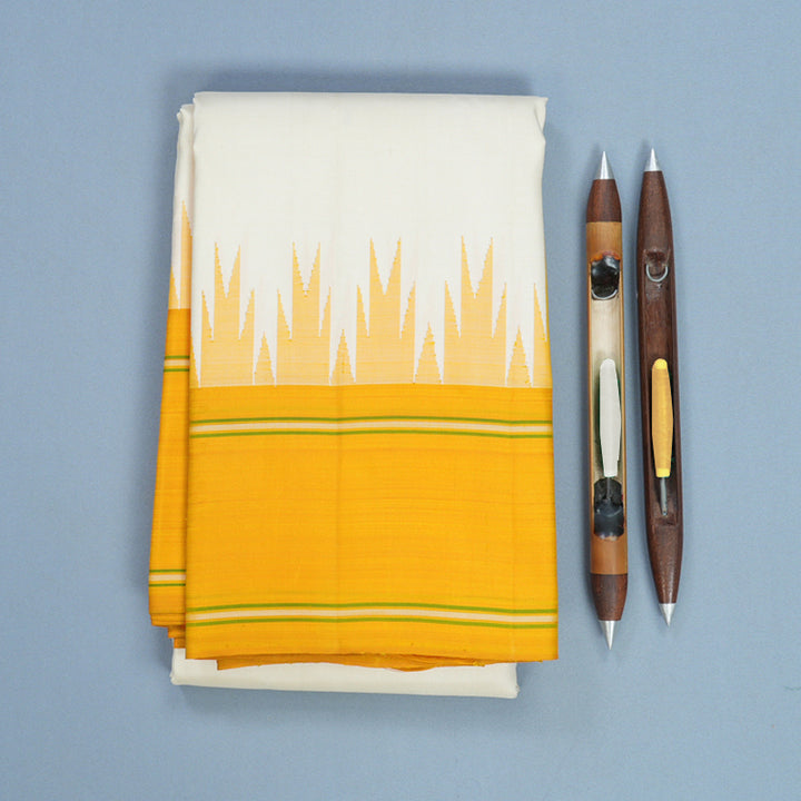 Hayagrivas Handloom Half-White Kanjivaram Silk Saree with Mustard Yellow Border KBF608G4-1