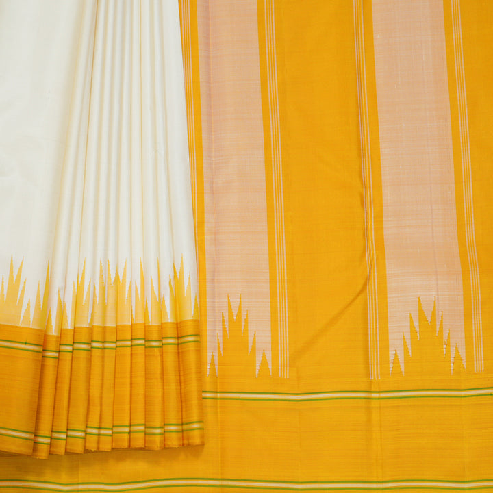 Hayagrivas Handloom Half-White Kanjivaram Silk Saree with Mustard Yellow Border KBF608G4-1