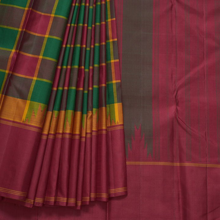 Hayagrivas Handloom Multicolour Checks Kanjivaram Silk Saree with Maroon Border KBF608G4-6