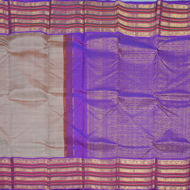 Hayagrivas Handloom Grey Kanjivaram Silk Saree with Purple Border KBF608G6-1