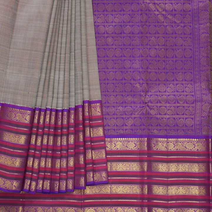 Hayagrivas Handloom Grey Kanjivaram Silk Saree with Purple Border KBF608G6-1
