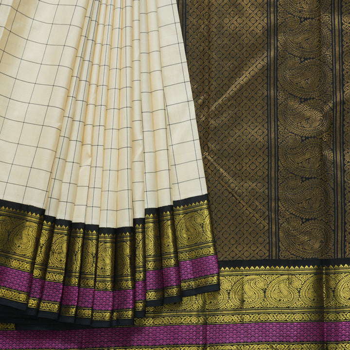 Hayagrivas Handloom Beige Kanjivaram Silk Saree with Black Border KBF608G6-2