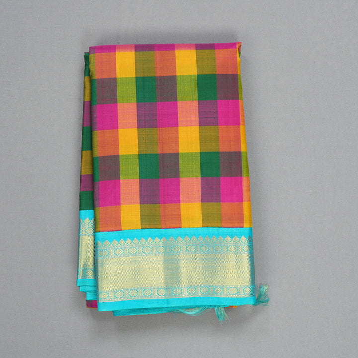 Hayagrivas Handloom Multicolour Checks Kanjivaram Silk Saree with Sky Blue Border KBF608G6-3