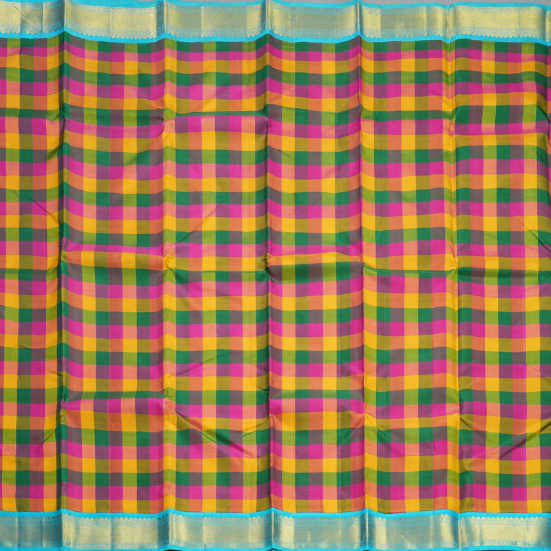 Hayagrivas Handloom Multicolour Checks Kanjivaram Silk Saree with Sky Blue Border KBF608G6-3
