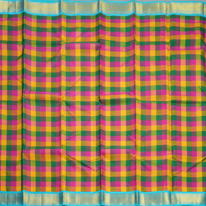 Hayagrivas Handloom Multicolour Checks Kanjivaram Silk Saree with Sky Blue Border KBF608G6-3