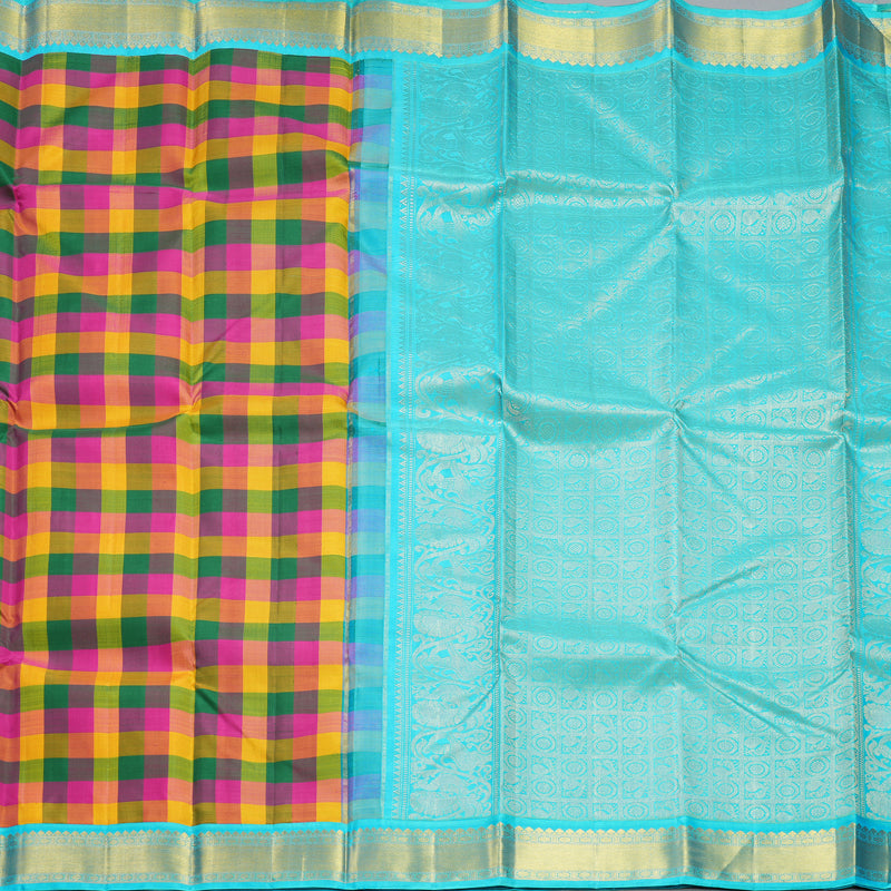 Hayagrivas Handloom Multicolour Checks Kanjivaram Silk Saree with Sky Blue Border KBF608G6-3