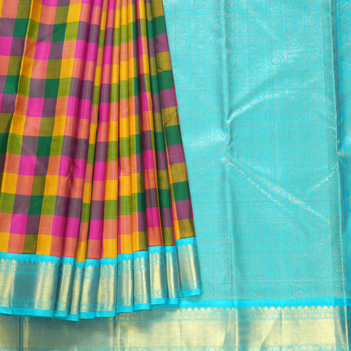 Hayagrivas Handloom Multicolour Checks Kanjivaram Silk Saree with Sky Blue Border KBF608G6-3