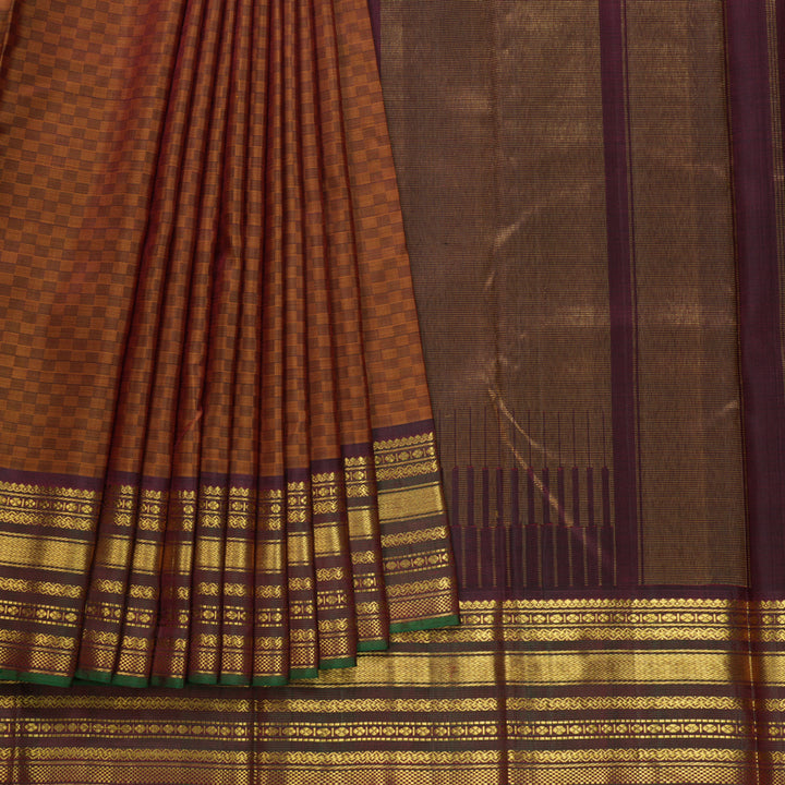 Hayagrivas Handloom Burnt Orange (Carpet Checks) Kanjivaram Silk Saree KBF608G7-1